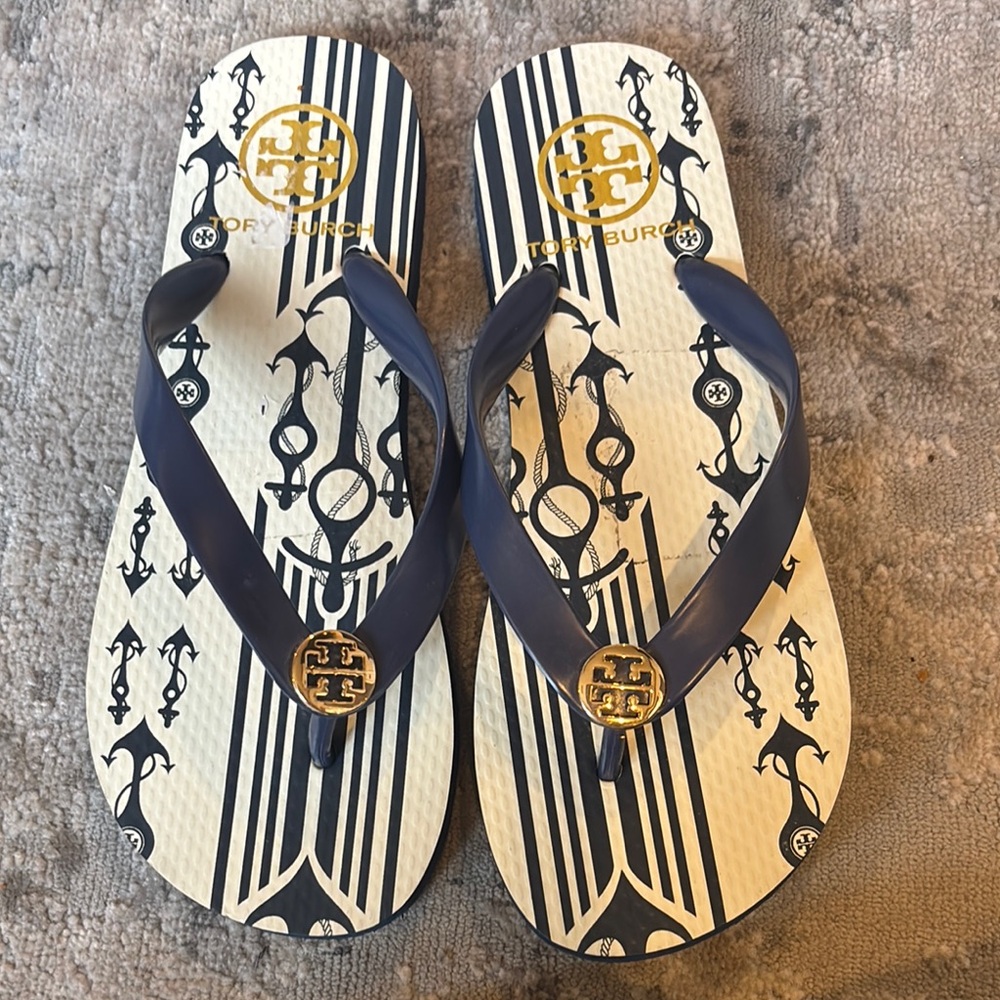 Tory Burch Navy and White Flip Flops